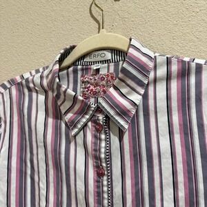 ERFO Women's Striped Button Up Short Sleeve Shirt Size 42 Pink Gray White